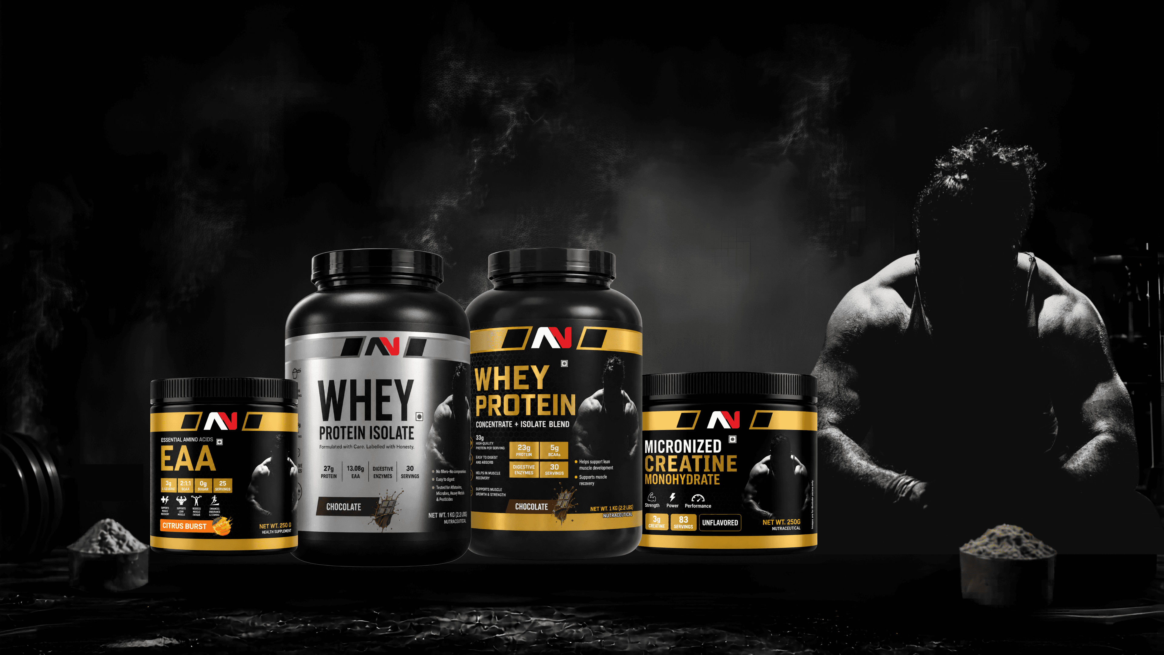Aditya Nutra whey protein, EAA, and creatine supplements in a gym setting